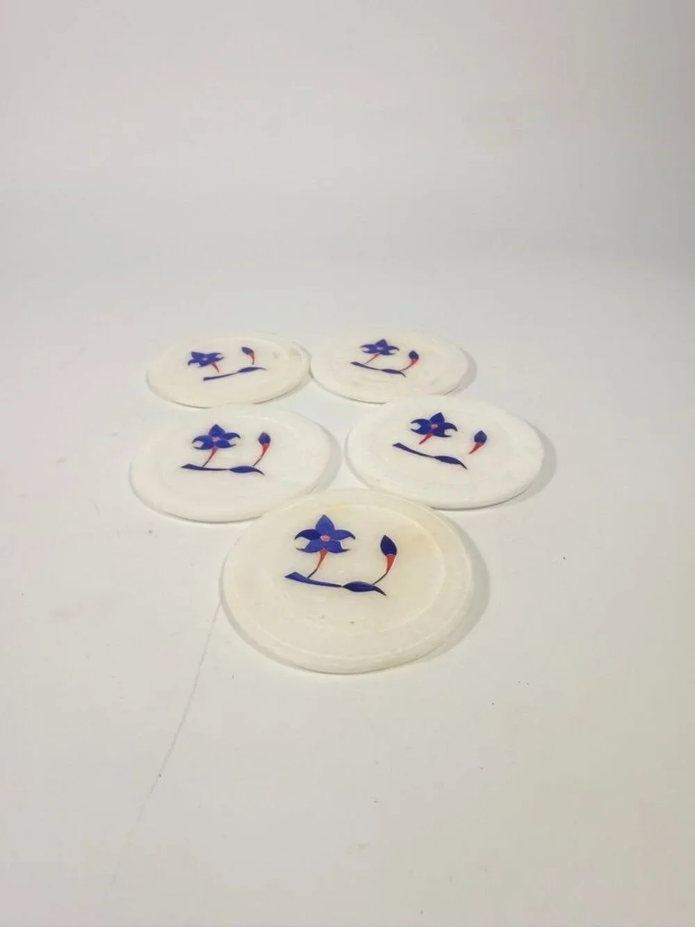 Marble Coaster Set 5 Lapis Lazuli Inlay Stone Floral Barware Decor Replacement S